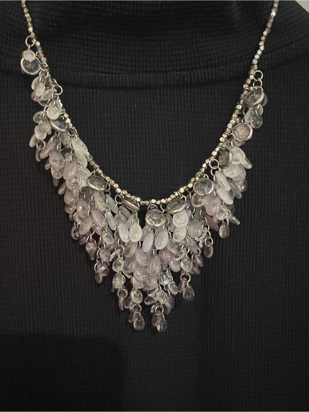 Silver-Tone Lavender Glass Teardrop Fringe Necklace